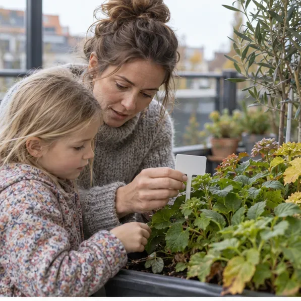 En voksen og et barn undersøger bladene på en altanplante og ser på plantemærket