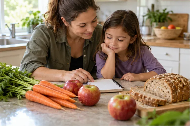 A parent and elementary-school-age child plan school lunches at a kitchen counter with apples, carrots, bread, and a blank notebook.