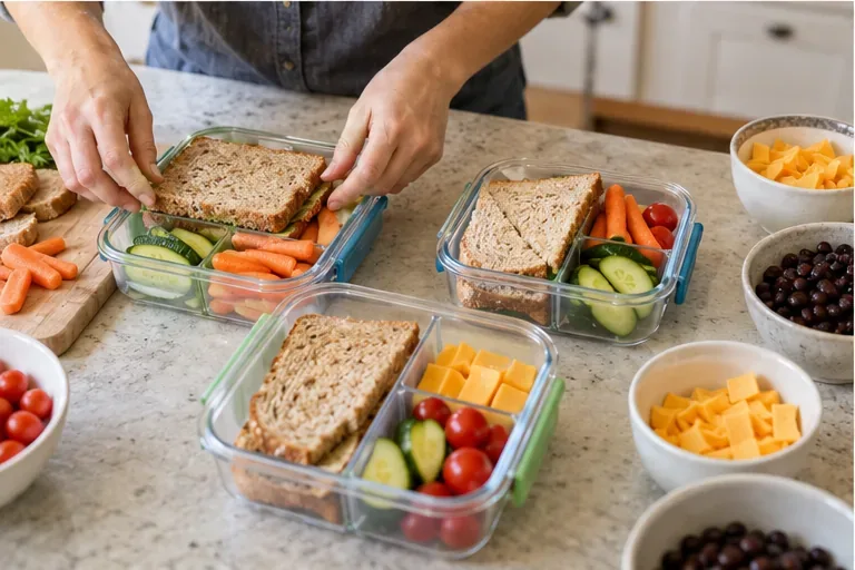 Reusable lunch containers hold sandwiches, carrots, cucumbers, cherry tomatoes, orange pieces, and beans.