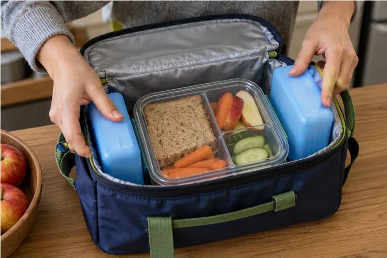 A divided lunch container sits between two blue frozen cold packs inside an open insulated lunch bag.