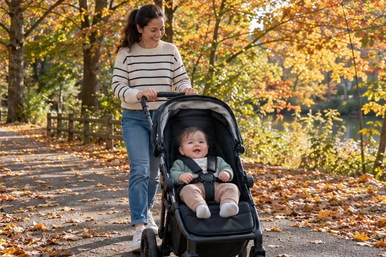 A caregiver pushes a stroller along a leafy autumn park path with the baby awake and secured in light layers