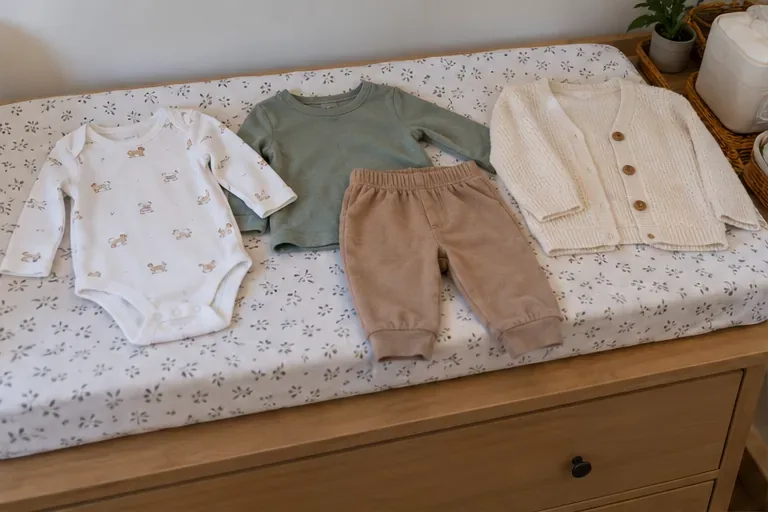 A caregiver lays out a baby bodysuit, long-sleeved shirt, pants, and a light cardigan on a changing surface