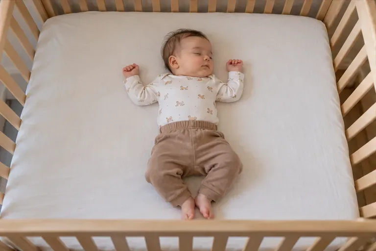 A baby sleeps on their back in an empty crib with a firm mattress and fitted sheet
