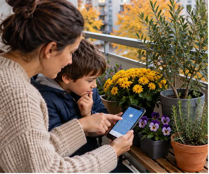 A parent and child checking a weather forecast beside mums, pansies, rosemary, and other balcony pots in autumn