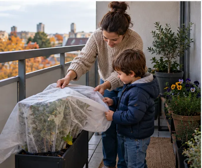 A parent and child draping lightweight frost cloth over a rectangular balcony planter filled with leafy plants