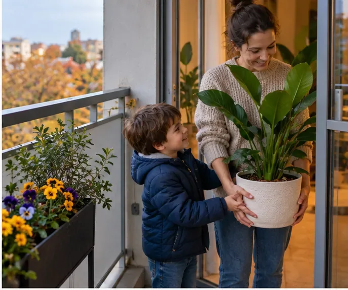 A parent and child carrying a large leafy potted plant from an autumn balcony toward an open apartment door