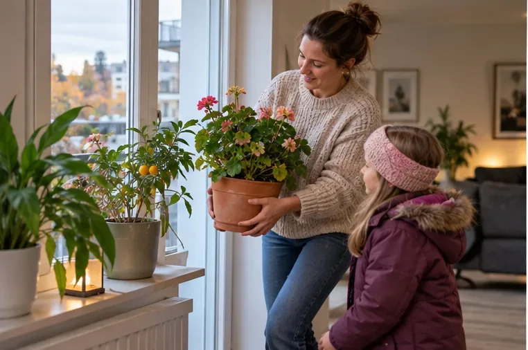 En voksen bærer en blomstrende potteplante fra balkongen inn i leiligheten mens et barn ser på.