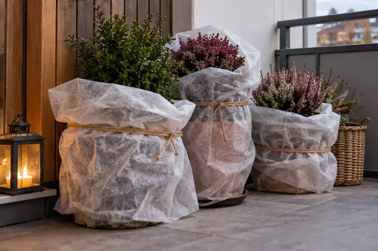 Flere plantekrukker på en balkong er pakket inn i lyst vinterdekke og bundet løst rundt pottene.
