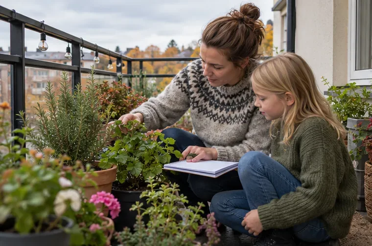 En vuxen och ett barn granskar flera krukväxter och ett anteckningsblock på en höstlig balkong.