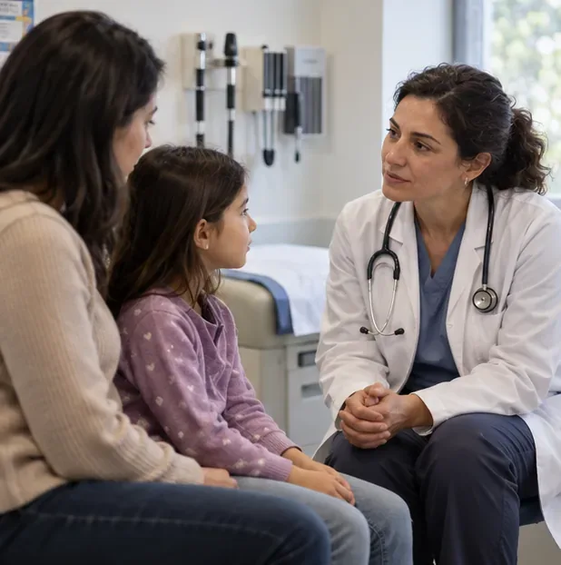 Rodič a dítě školního věku hovoří s dětským lékařem během schůzky.