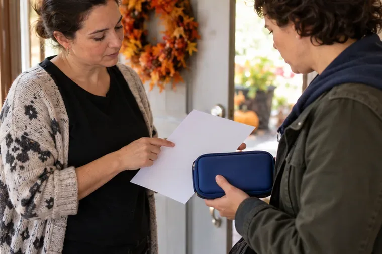 Two adults review a paper sheet at the doorway while one holds a small blue carry case.