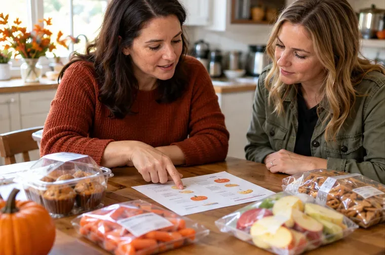 Two adults review a paper party menu beside sealed snacks and fruit in an autumn kitchen.