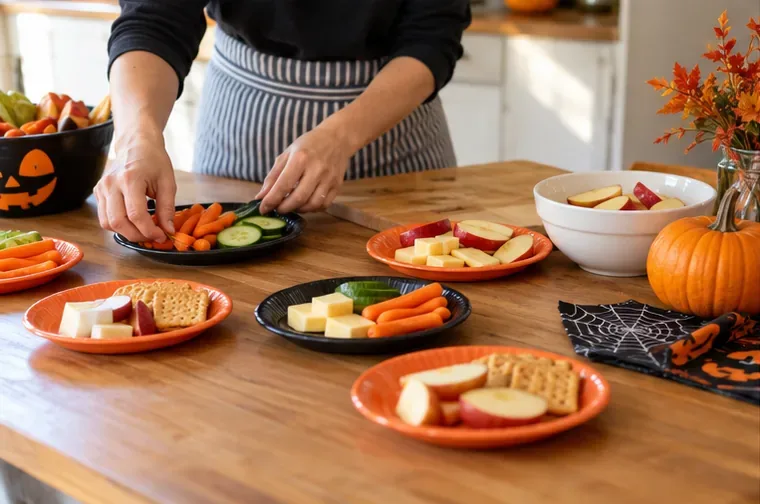 An adult arranges carrots, cucumber, apple slices, cheese, and crackers on separate plates.