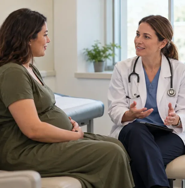 Těhotná pacientka diskutuje o svém problému s porodníkem v soukromé prenatální konzultační místnosti.