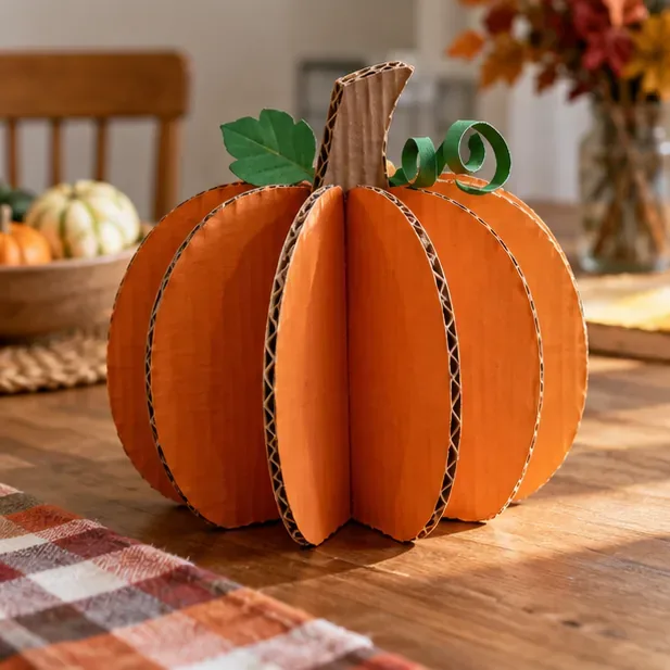 En tredimensionell orange pumpa av korsade kartongformer står på ett bord