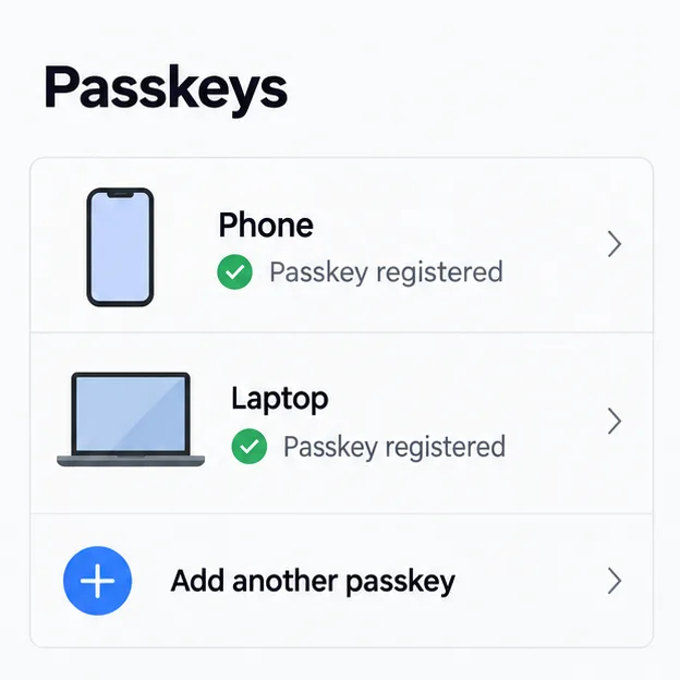 Panel nastavení koncepčního přístupového klíče uvádí telefon a notebook jako registrované přístupové klíče a zobrazuje možnost Přidat další přístupový klíč.