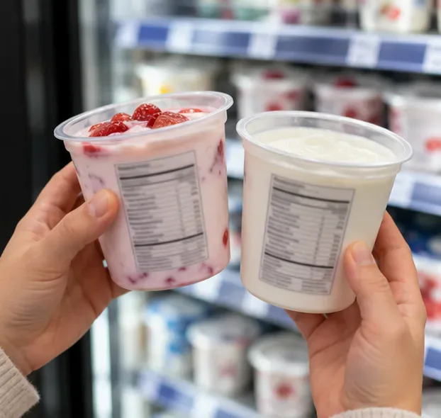 Ruka drží ovocný jogurt a bílý jogurt s oběma panely s nutričními hodnotami směřujícími dopředu pro porovnání obsahu cukru.