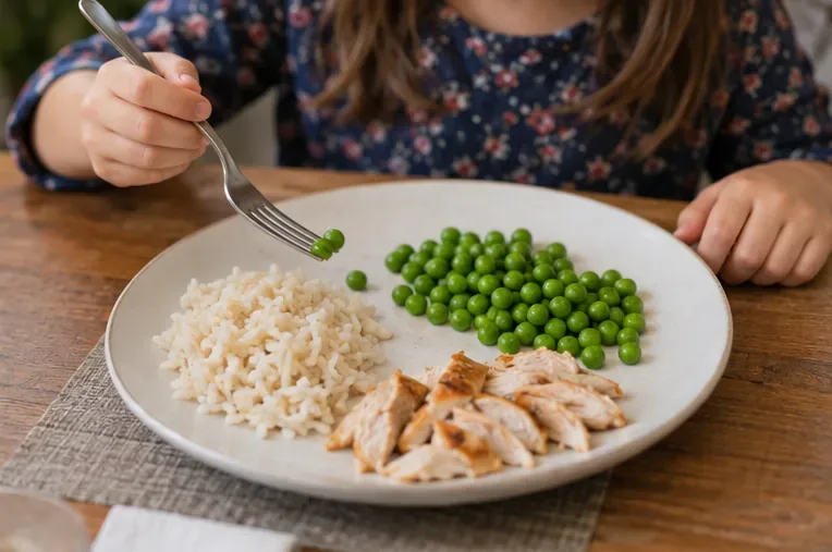 Et barn får ris, kylling og ærter serveret som separate ingredienser på én tallerken.