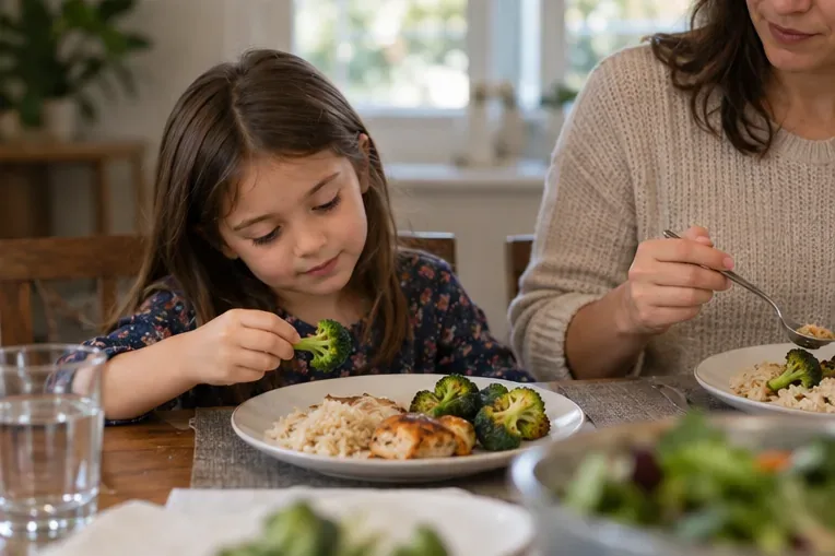 Et barn tager roligt et stykke broccoli op fra en tallerken med velkendt kylling og ris, mens en voksen spiser i nærheden.