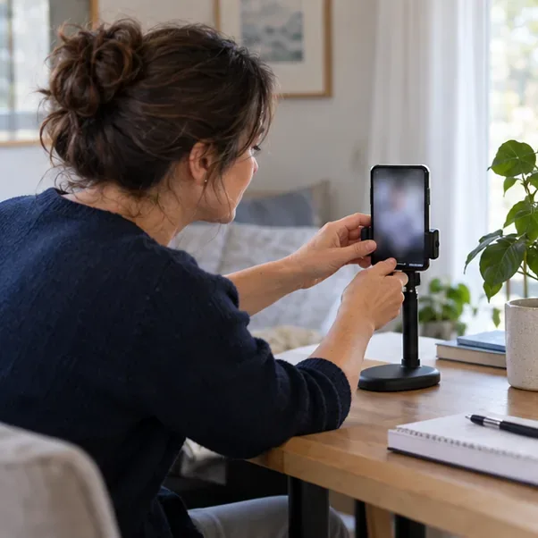 Dospělý si před virtuální schůzkou upravuje chytrý telefon na stojanu v jasné a tiché místnosti.