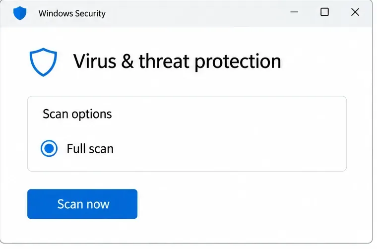 Obrazovka ochrany před viry a hrozbami v aplikaci Zabezpečení systému Windows s možnostmi prohledávání, vybranou možností Úplné prohledávání a tlačítkem Prohledat nyní.