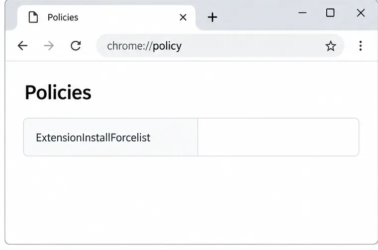 Stránka zásad Chromu zobrazující název zásady ExtensionInstallForcelist.
