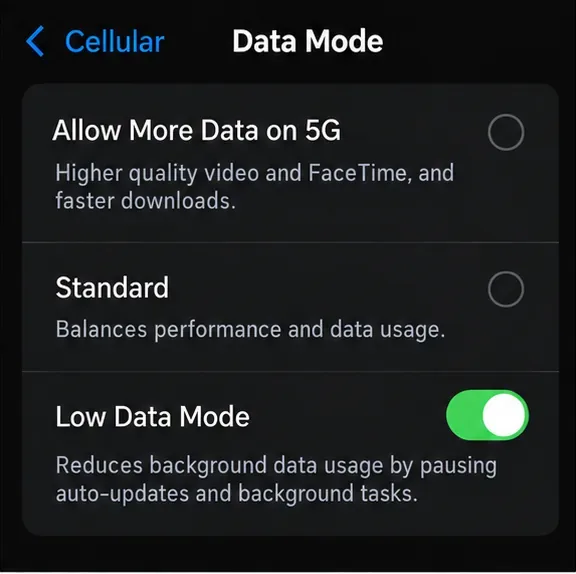 Obrazovka datového režimu ve stylu iPhonu zobrazuje vybraný režim s nízkými daty a také možnosti Standardní a Povolit více dat v 5G.