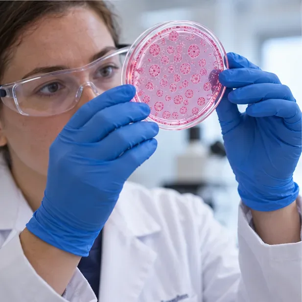 Laboratorní výzkumník v rukavici drží průhlednou Petriho misku s kultivovanými buňkami k vyšetření.
