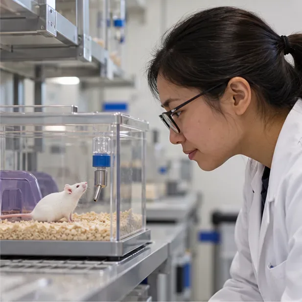 Výzkumník pozoruje bílou myš v čistém a humánním laboratorním prostoru.