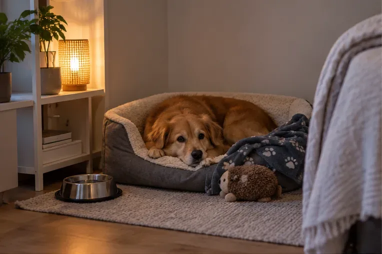 En hund vilar i en mjuk bädd i ett stilla rum med dämpad belysning, filt och vattenskål en bit från dörren