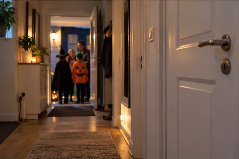 En hall med stängd innerdörr i förgrunden och utklädda Halloweenbesökare längre bort vid ytterdörren