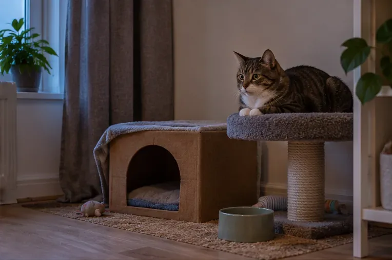 En tabbykatt sitter på en hög liggplats bredvid ett lågt gömställe, filt och vattenskål i ett lugnt rum