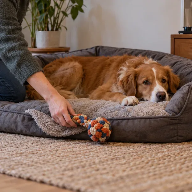 En hund ligger på en myk seng mens en person setter et tyggeleketøy på gulvet ved siden av.