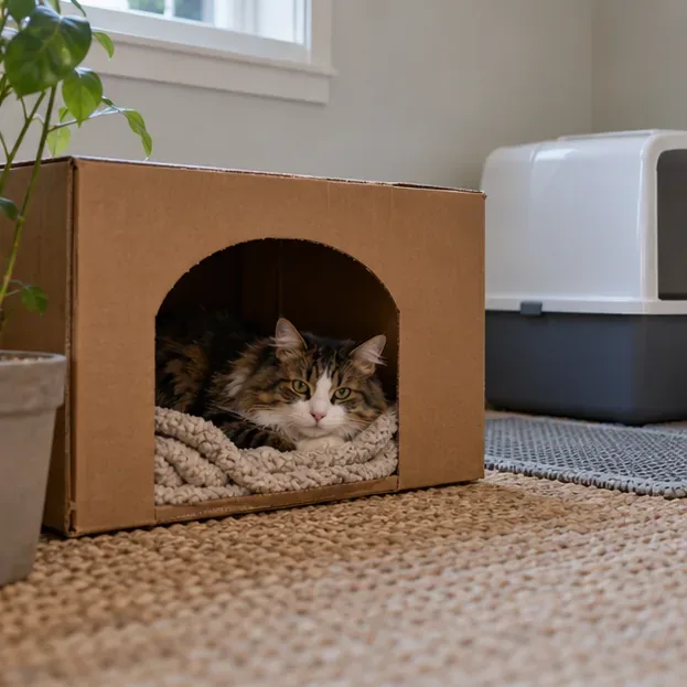 En katt hviler inne i en pappeske med et mykt teppe i et stille rom.