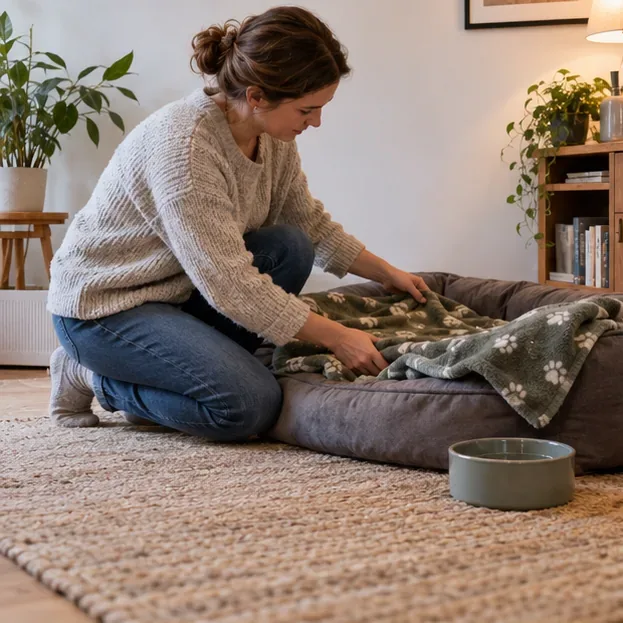 En person legger et kjent pledd i hundesengen i et stille rom, med en vannskål ved siden av.