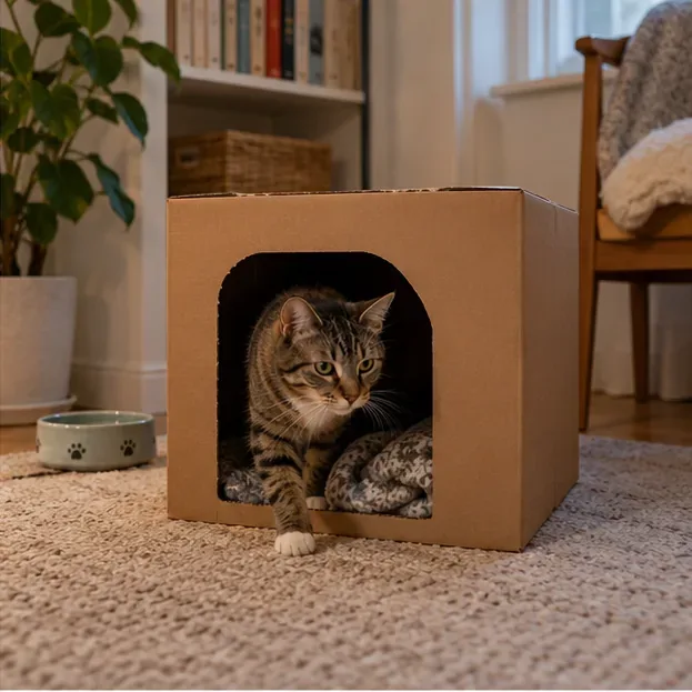En kat sidder i en papkasse med et tæppe og en vandskål tæt ved i et stille rum.