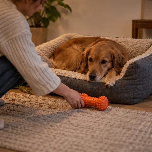 En hund hviler på sin seng, mens en person lægger et velkendt tyggelegetøj ved siden af den.