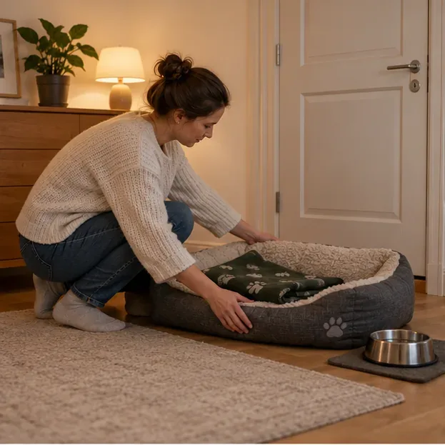 En person lægger et velkendt tæppe i en hundeseng i et roligt værelse, hvor der også står en vandskål.