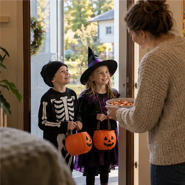 Aikuinen ottaa vastaan kahta Halloween-asuihin pukeutunutta lasta avoimella ulko-ovella.