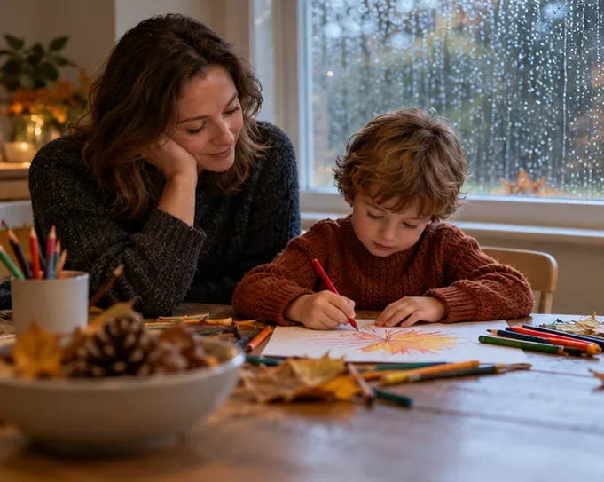 A young child draws at a table with an adult nearby while rain runs down the window