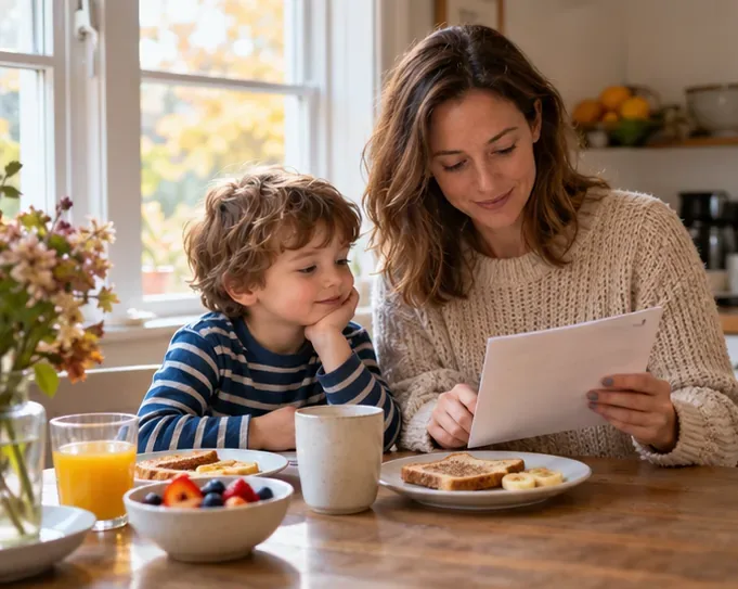 An adult and a young child sit at a breakfast table while the adult looks at a plain paper plan beside fruit and toast