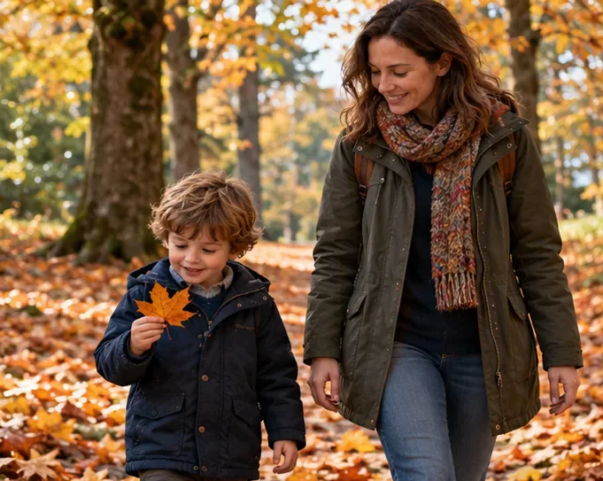 A young child in a coat holds a fallen orange leaf while walking with an adult under autumn trees