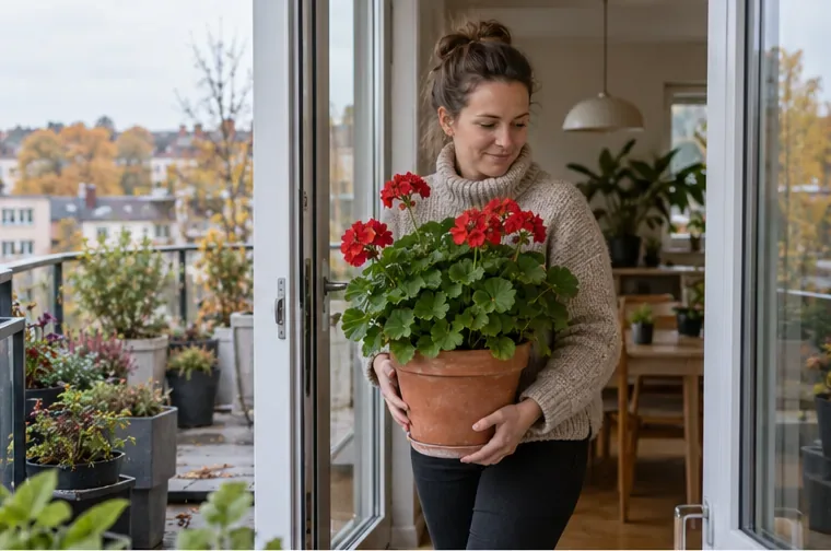 Aikuinen kantaa kukkivaa pelargonia ruukussa lasitetulta parvekkeelta sisätilaan