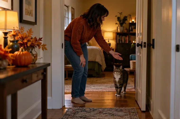A woman gestures toward a quiet bedroom while a tabby cat stands near the open interior doorway.