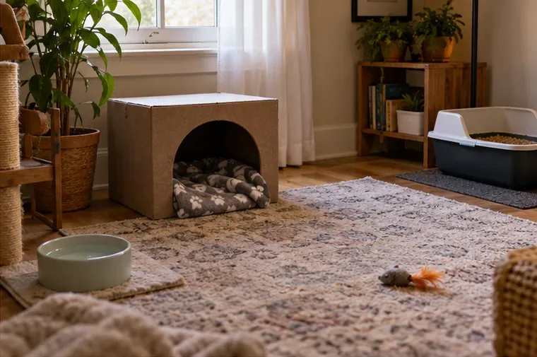 A quiet room holds a cardboard cat hideaway, blanket, water bowl, toy, and litter tray in separate spots.