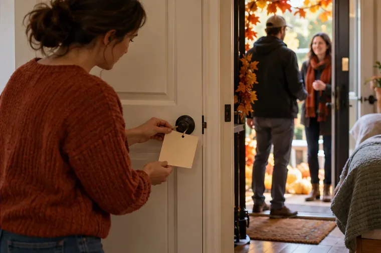 An adult holds a blank reminder card at an interior door while another adult greets a visitor at the front entrance.