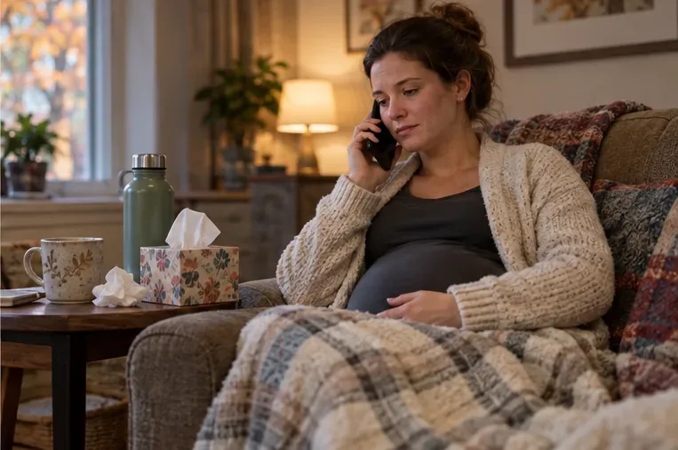 A pregnant person rests at home with a glass of water and tissues while calling a prenatal clinic