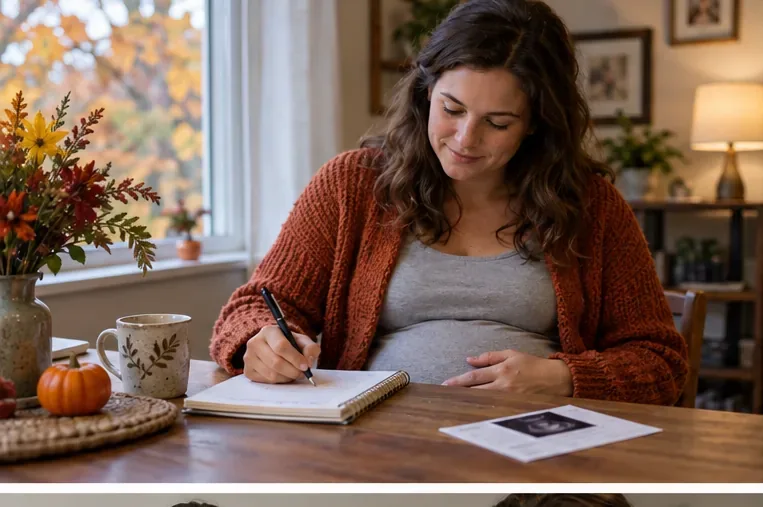 A pregnant person writes questions in a notebook at a table with autumn leaves outside the window