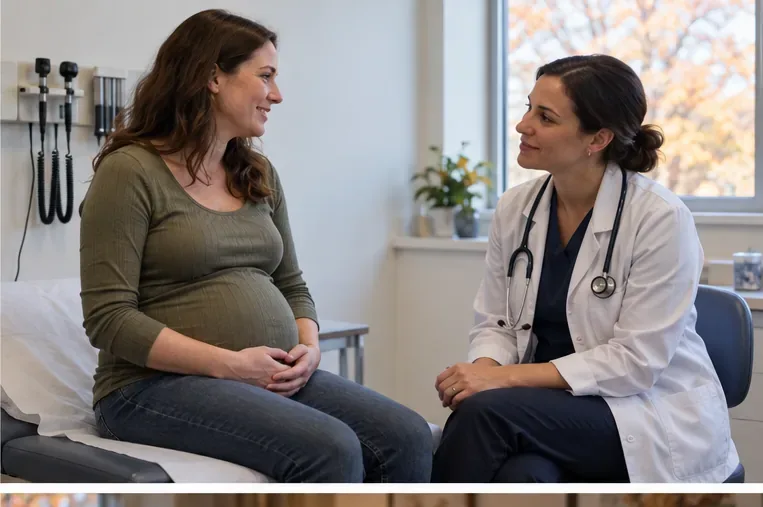 A pregnant patient speaks with an obstetric clinician in an examination room
