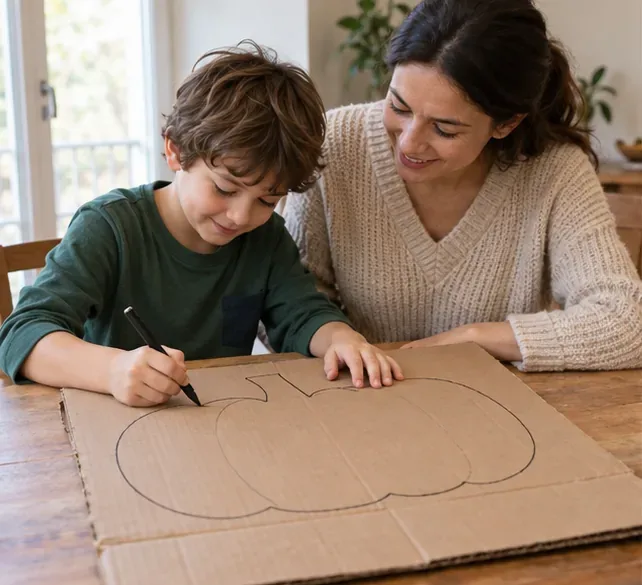 A child traces a large pumpkin outline on a clean flattened cardboard box while an adult supervises.